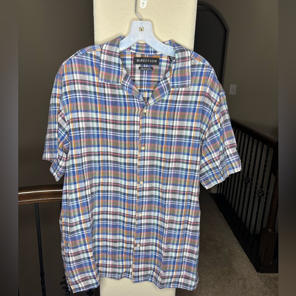Direction Multicolor Plaid Cotton and Linen Blend Casual Men's Shirt Size L